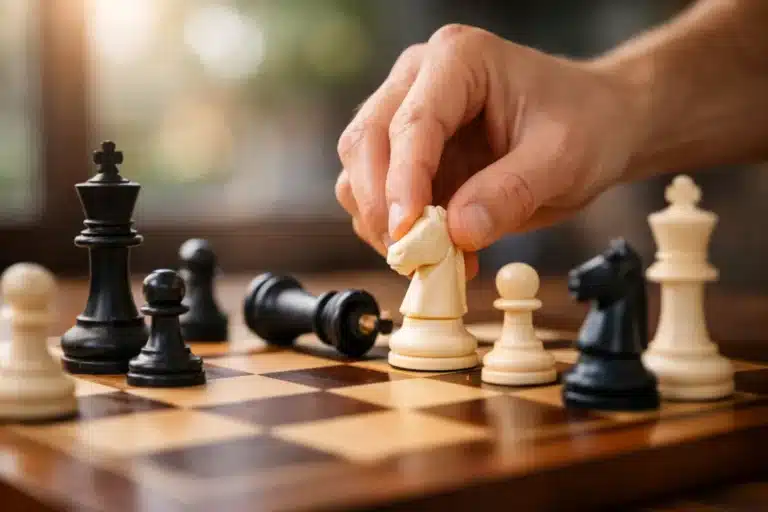 débutant jouant une première partie d’échecs en déplaçant une pièce sur l’échiquier