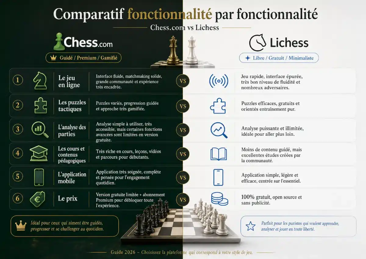 Comparatif fonctionnalité entre Chess.com et Lichess.