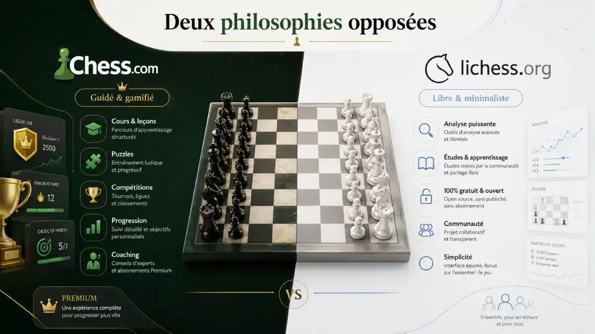 Comparatif des deux philosophies entre Chess.com et Lichess